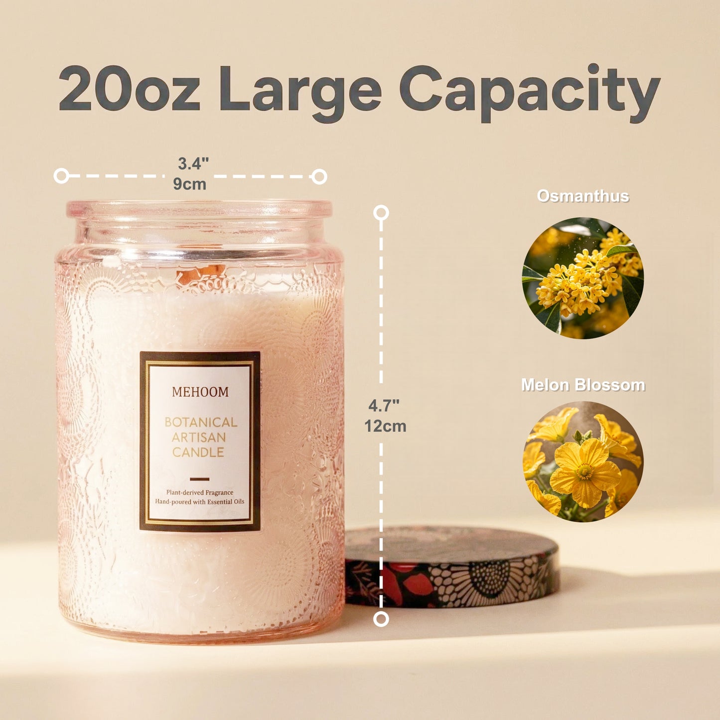 MEHOOM Melon Blossom Wood Wick Scented Candle, 20oz Large Beeswax & Soy Blend, Clean Burning 100-Hour Candle, Cozy Gift for Home Decor