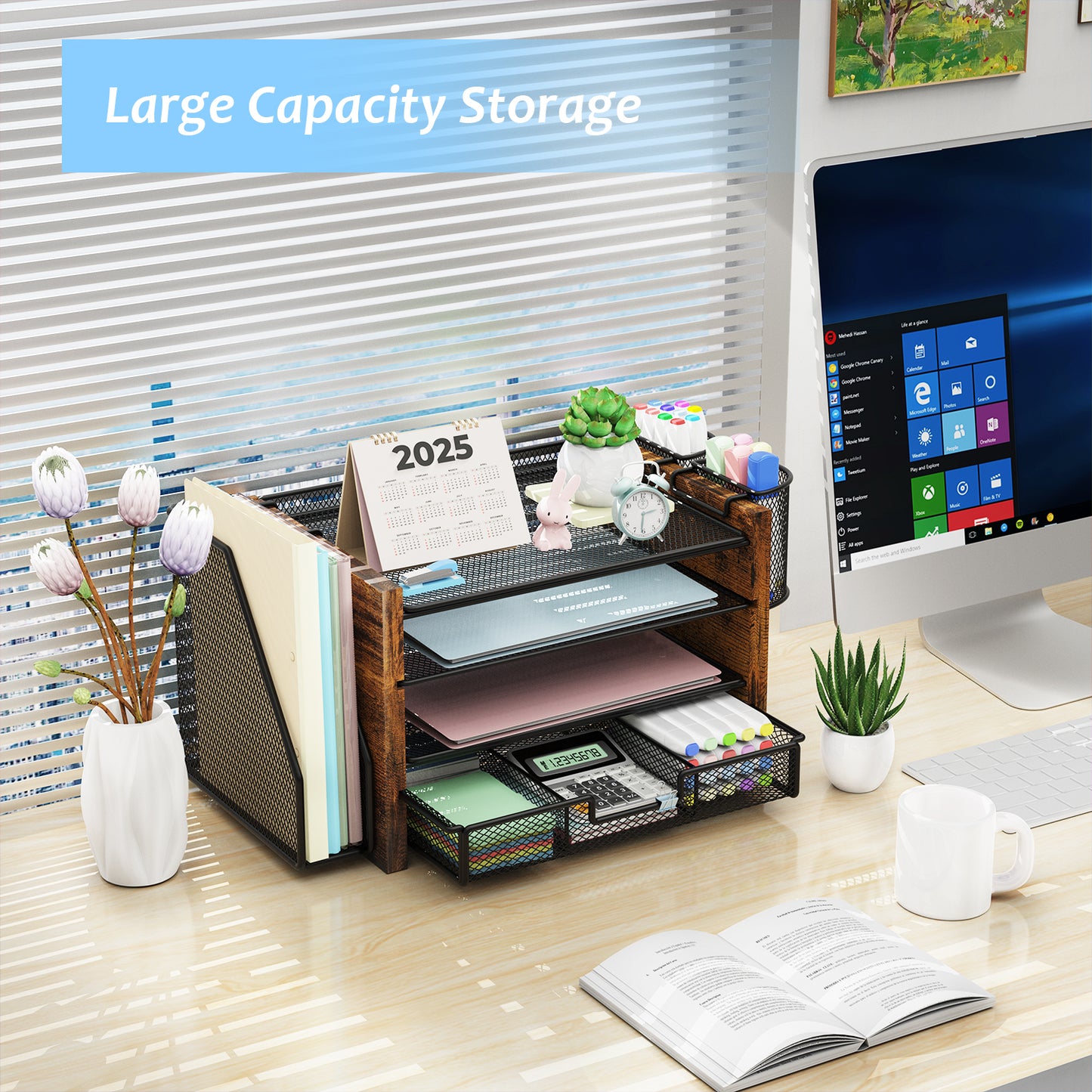 MEHOOM Desk Organizer with File Holder,4-Tier Desk File Organizer with Drawer and 2 Pen Holders, Office Desk Accessories, File Sorters, Workspace Organizers for Office Supplies