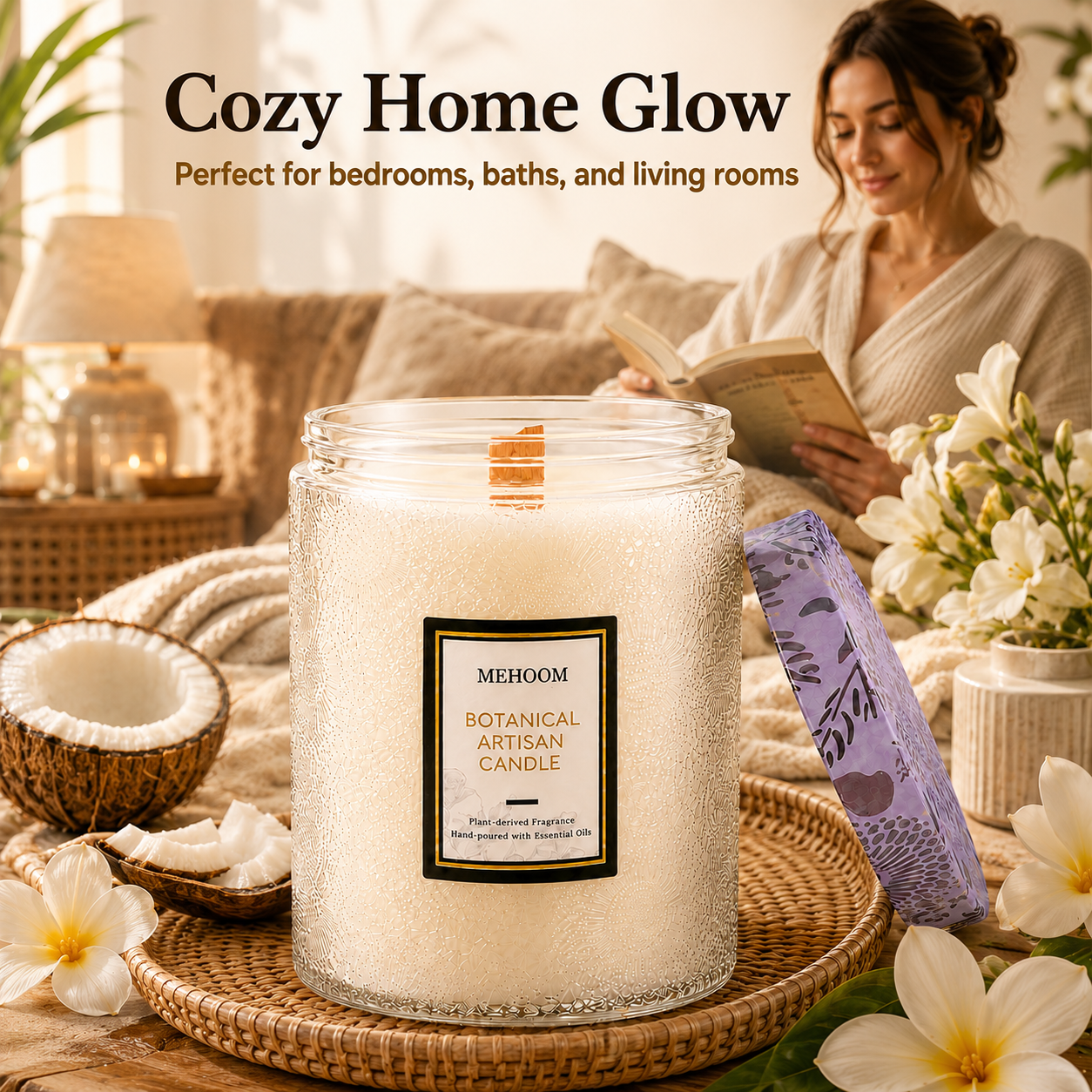 MEHOOM Coconut Beach Wood Wick Scented Candle, 20oz Large Beeswax & Soy Blend, Clean Burning 100-Hour Candle, Cozy Gift for Home Decor