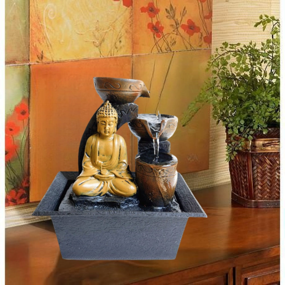 MEHOOM Zen Buddha Resin Water Fountain Indoor Home, with LED Lights, Soothing Sound, 3 Tiered Desktop Water Fountain for Zen Meditation, Indoor Home Decor, Brown