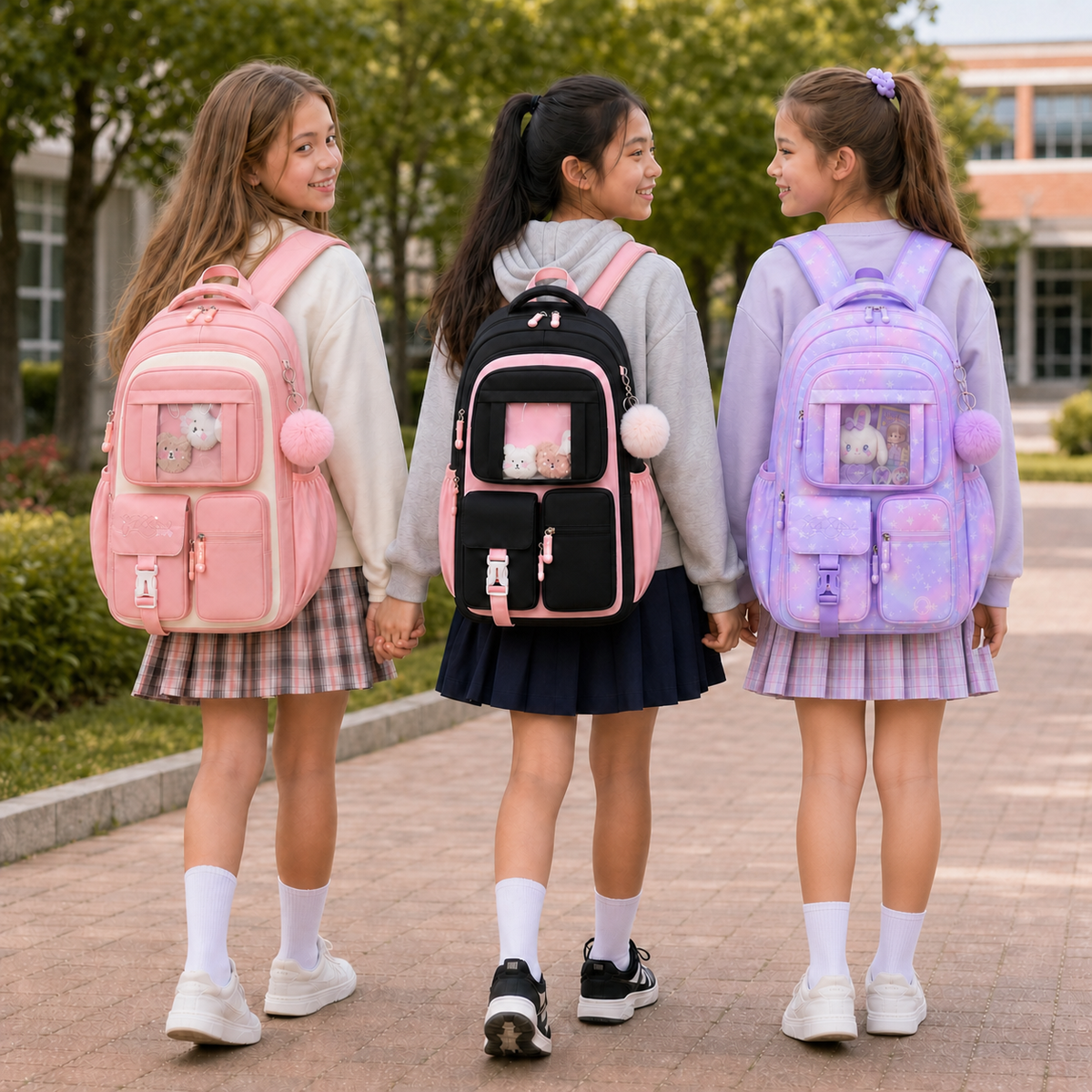 MEHOOM Girls Backpack for School, Kids Bookbag for Girls, Kawaii School Bag with Clear Display Pocket, Large Capacity Elementary Middle School Backpack, Pink