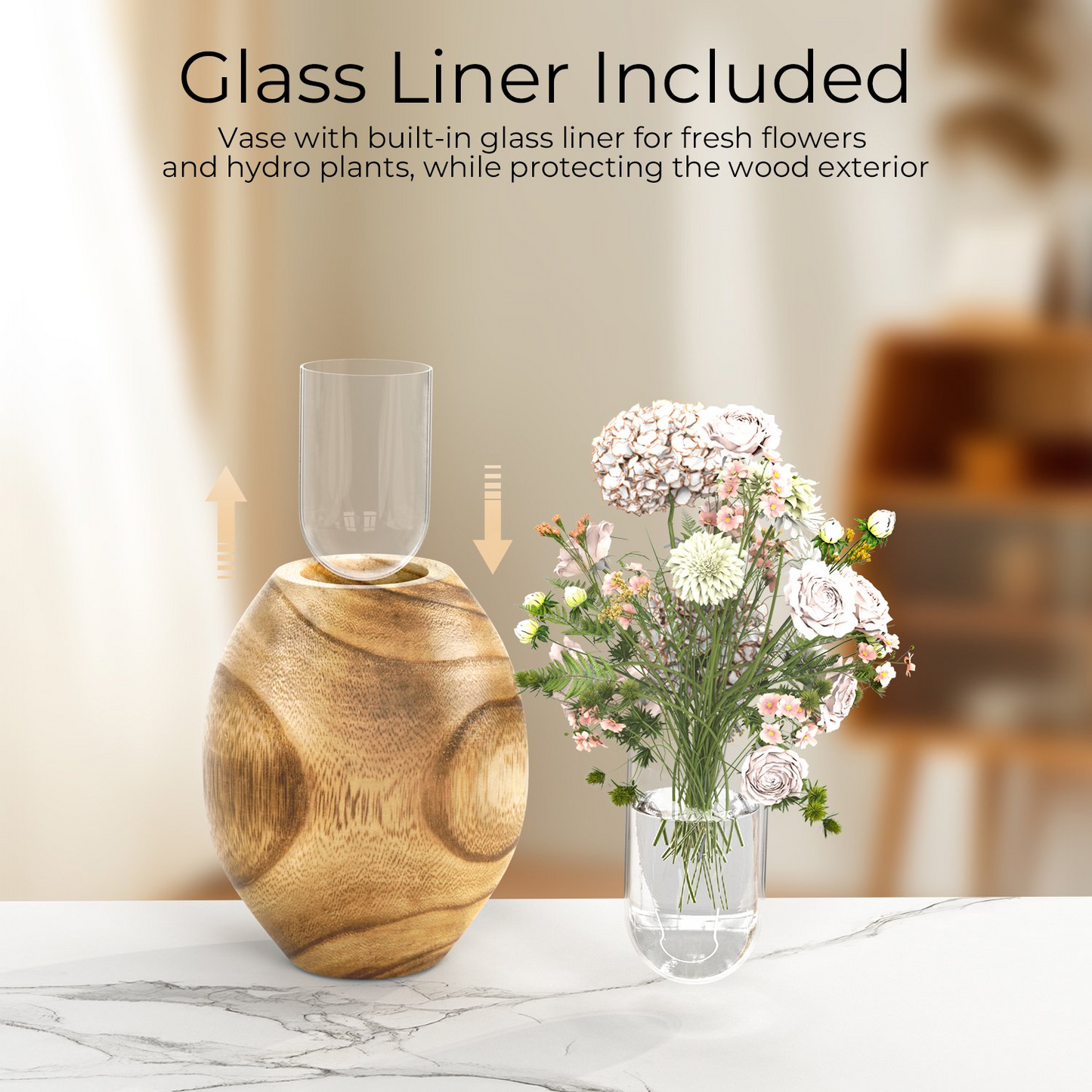 XGVGI Wooden Flower Vase, Rustic Farmhouse Vase with Glass Liner, Decorative Vase for Table, Shelf, Entryway