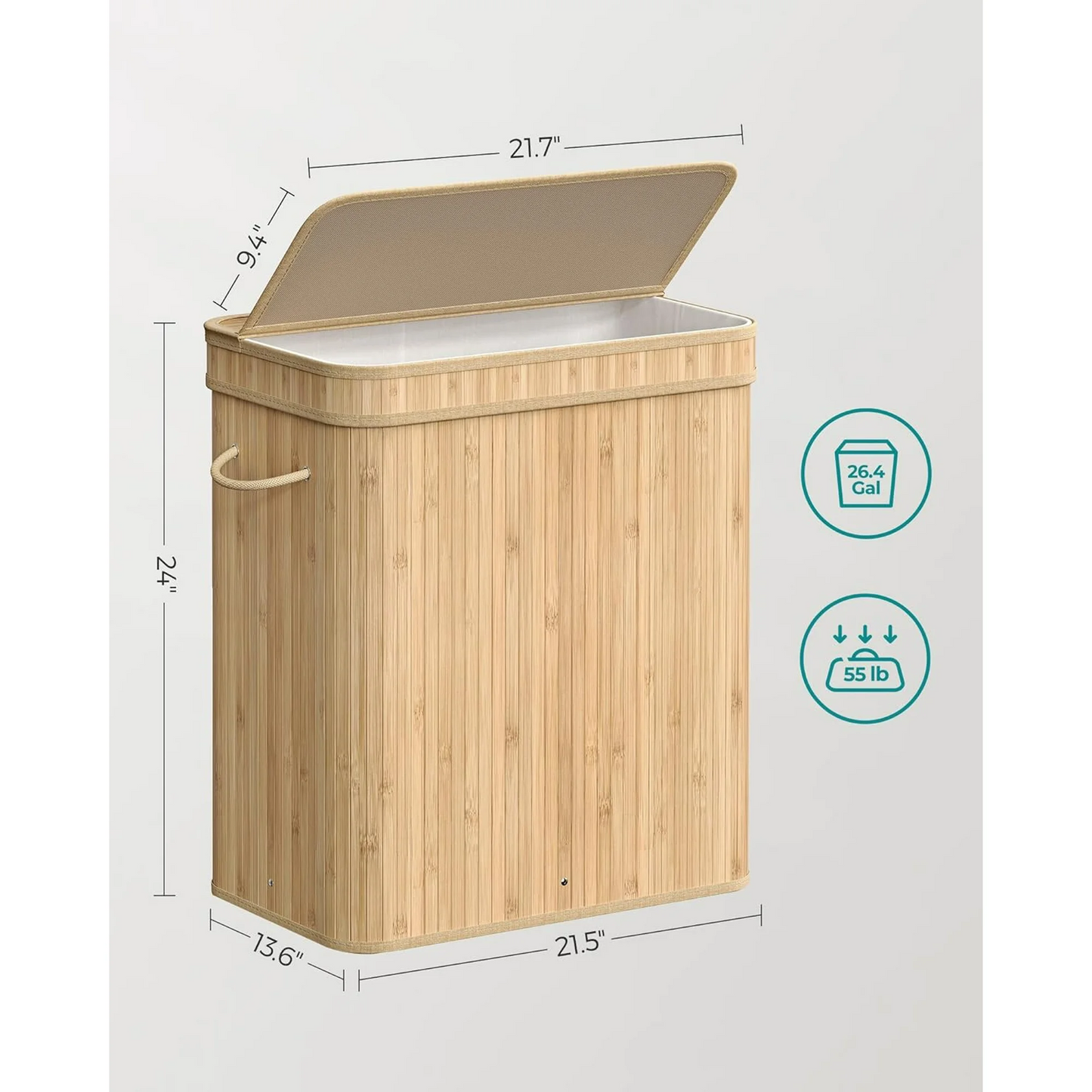 XGVGI Foldable Laundry Hamper with Lid, 100L Large Bamboo Clothes Basket with Removable Liner & Handles, Tall Rectangular Hamper for Bedroom, Bathroom, Small Spaces (Natural)