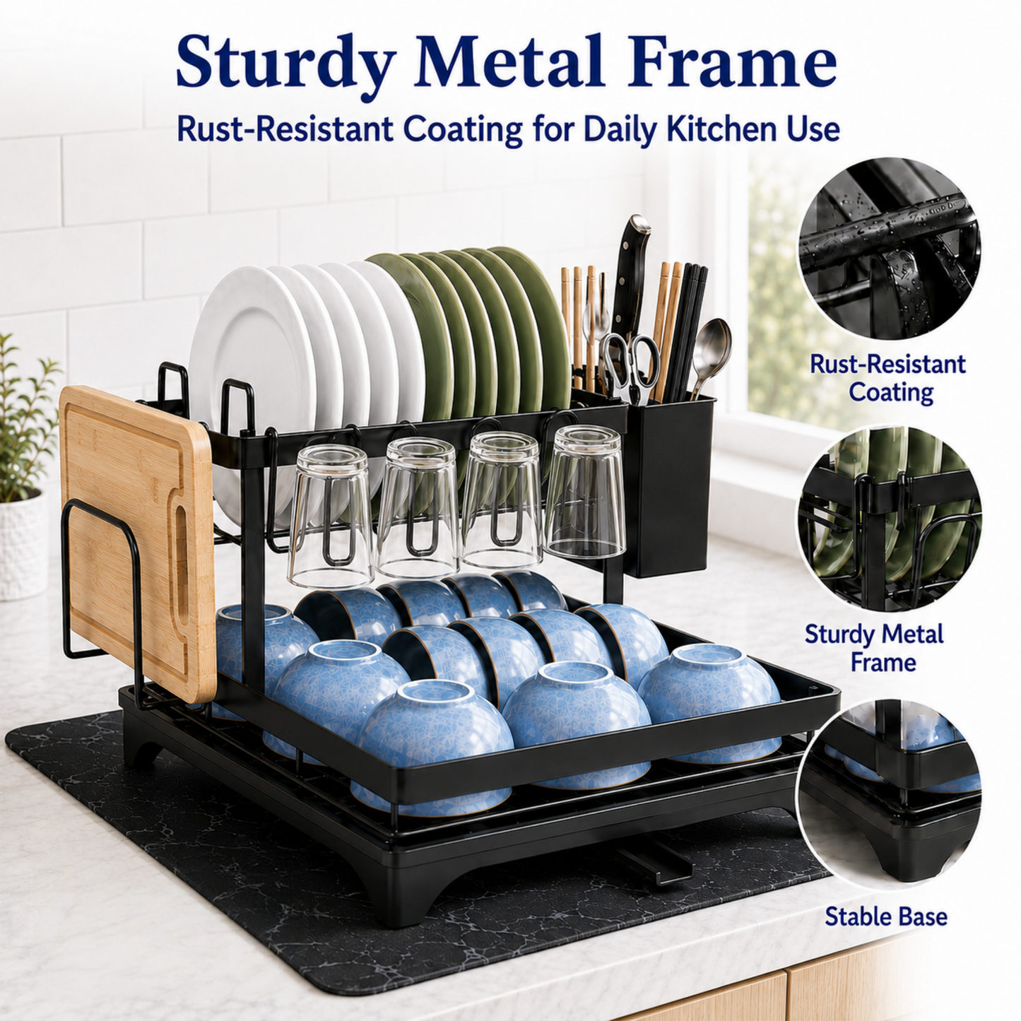 MEHOOM 2-Tier Dish Drying Rack, Dish Rack, Stainless Steel Dish Rack with Auto Drainage System and Absorbent Mat, Dish Drainer for Kitchen Counter