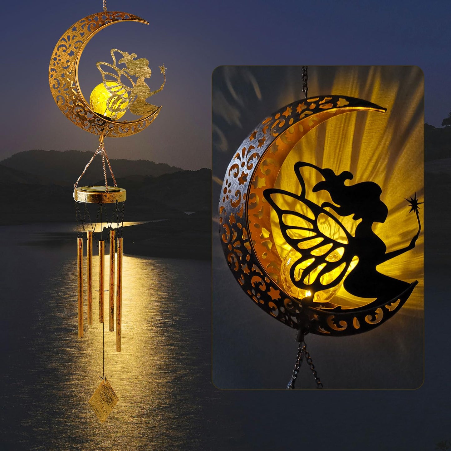 MEHOOM Hanging Moon Fairy Solar Lights for Garden Decor, Outdoor Wind Chimes with Solar Powered Lights & 5 Metal Tubes