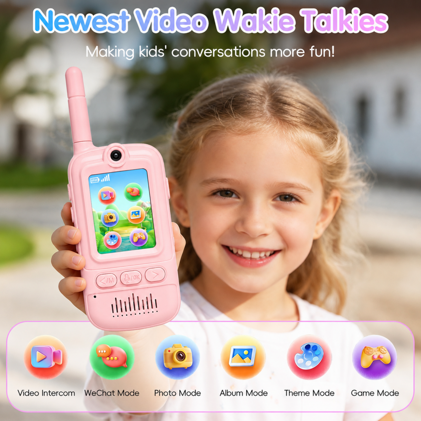 Multifunctional Video Walkie Talkies for Kids, Rechargeable Walkie Talkies with Camera & Message Storage, Long-Range Two-Way Radios for Indoor Outdoor Play, Boys & Girls Ages 3–12 (Pink/Pink)