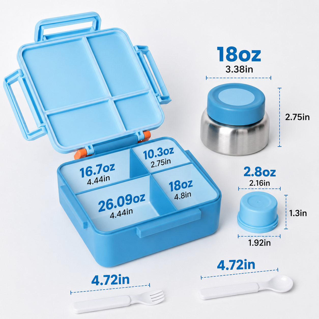 MEHOOM Kids Lunch Box, Leakproof Bento Box for kids with 4 Compartments & 18oz Soup Thermos for Hot Food, kids Insulated Lunch Box Durable, Drop-Proof,BPA-Free Materials(Bule Racing)