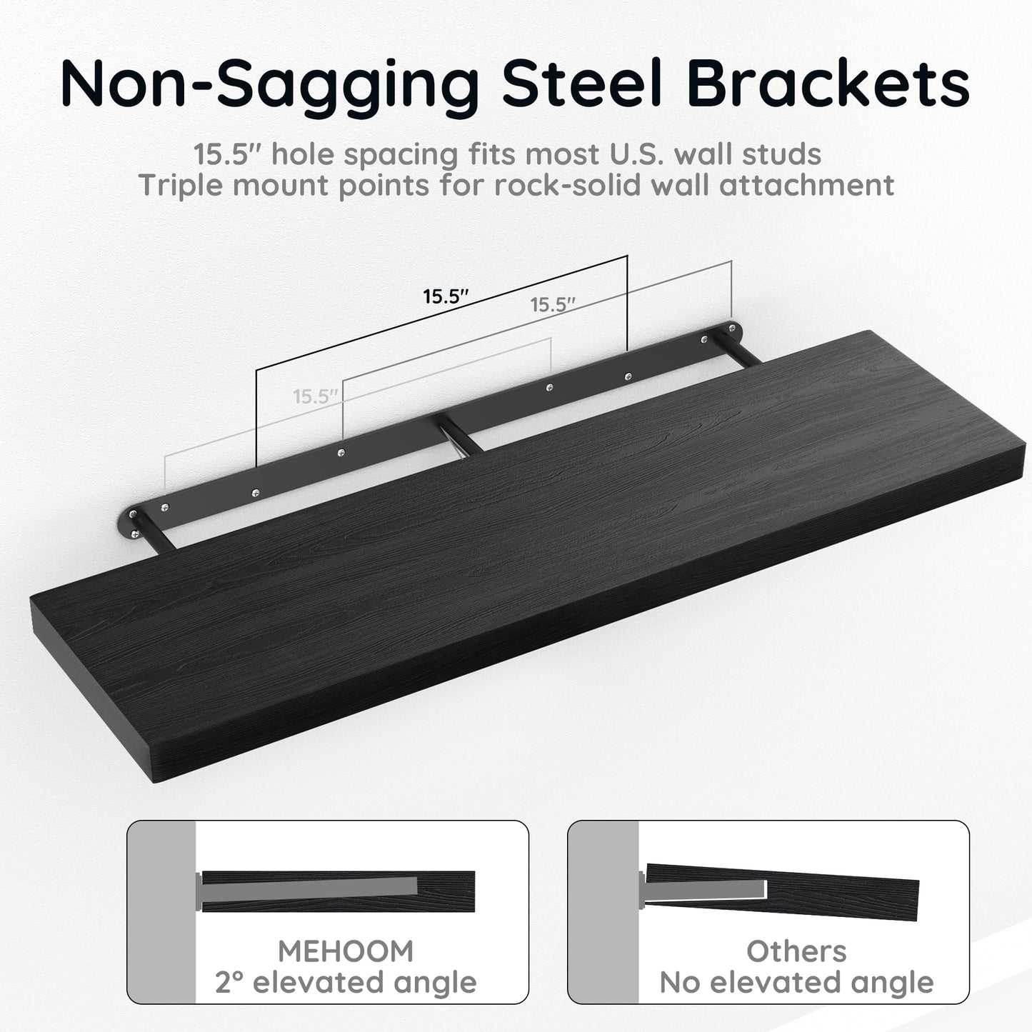 MEHOOM 36 Inch Floating Shelves, Solid Wood Wall Mounted Shelves for Bathroom, Bedroom, Living Room, Kitchen & Office, Heavy Duty Hanging Wall Shelf with 40 lbs Capacity (Black, 2 Pack)