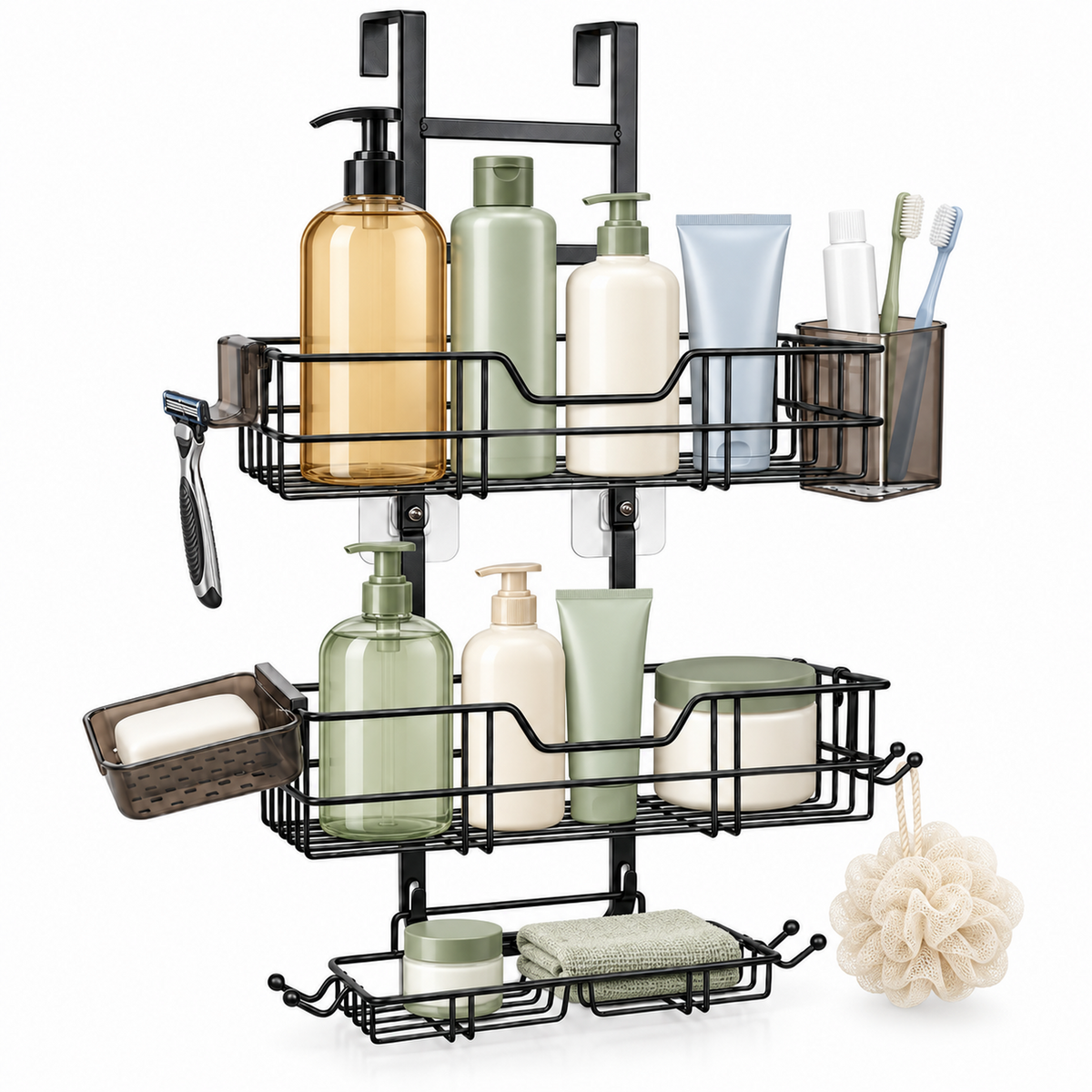 MEHOOM 3-Tier Over the Door Shower Caddy for Glass Door, No-Drill Hanging Shower Organizer with Soap Dish, Razor Holder, Hooks, Black