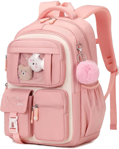 MEHOOM Girls Backpack for School, Kids Bookbag for Girls, Kawaii School Bag with Clear Display Pocket, Large Capacity Elementary Middle School Backpack, Pink