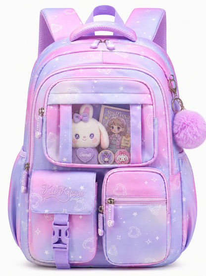 MEHOOM Girls Backpack for School, Kids Bookbag for Girls, Kawaii School Bag with Clear Display Pocket, Large Capacity Elementary Middle School Backpack, Purple Gradient
