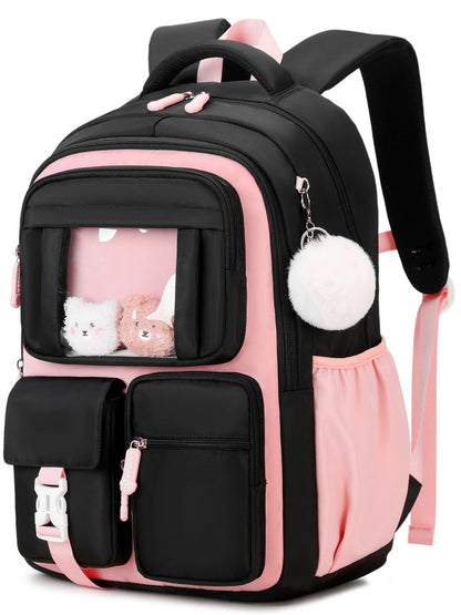 MEHOOM Girls Backpack for School, Kids Bookbag for Girls, Kawaii School Bag with Clear Display Pocket, Large Capacity Elementary Middle School Backpack, Black Pink