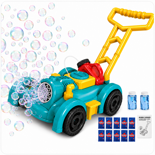 MEHOOM Light Bubble Machine for Kids, Bubbles Lawn Mower with 12 Refill Packs, Outdoor Auto Bubble Blowing Toy with for Toddlers Boys Girls Age 3-10,Blue