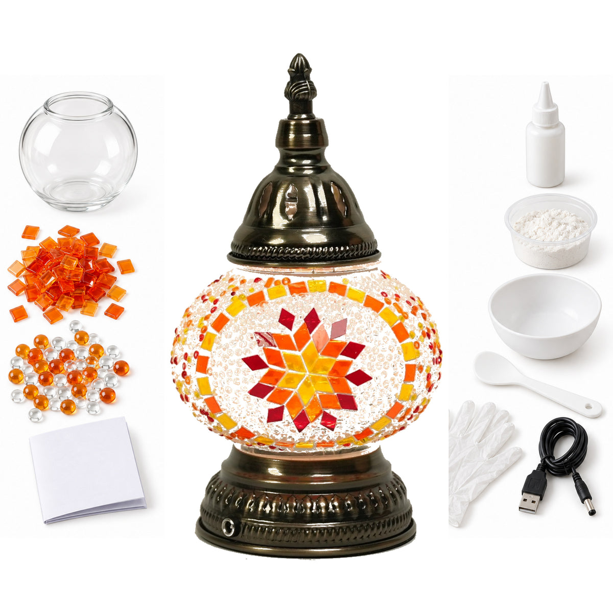 MEHOOM DIY Rechargeable Turkish Moroccan Mosaic Table Lamp Kit, 3 Color Temperatures, Stepless Dimming, Integrated LED Bedside Table Lamp, Orange