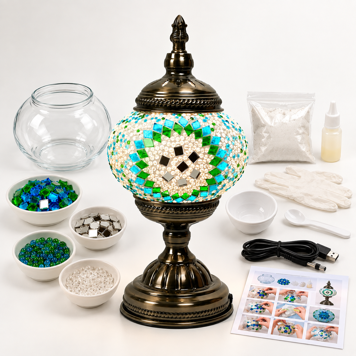 MEHOOM DIY Turkish Mosaic Lamp Kit, Rechargeable Bedside Table Lamp with 3 Color Temperatures and Stepless Dimming, Moroccan Boho Craft Kit for Adults, Classic Green