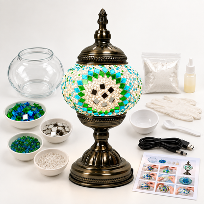 MEHOOM DIY Turkish Mosaic Lamp Kit, Rechargeable Bedside Table Lamp with 3 Color Temperatures and Stepless Dimming, Moroccan Boho Craft Kit for Adults, Classic Green