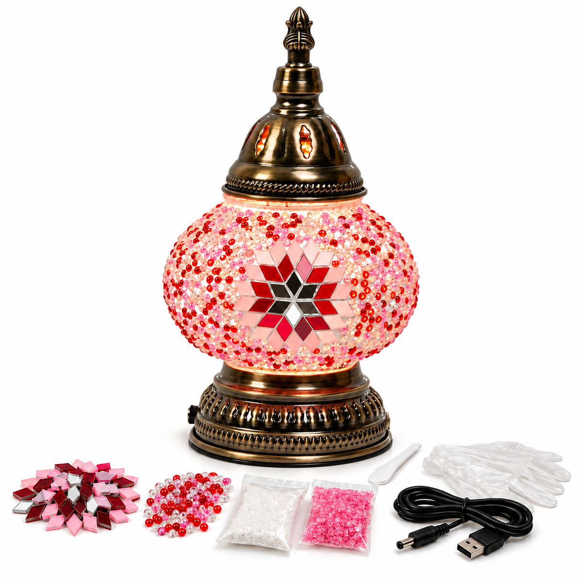 MEHOOM DIY Rechargeable Turkish Moroccan Mosaic Table Lamp Kit, 3 Color Temperatures, Stepless Dimming, Integrated LED Bedside Table Lamp, Pink