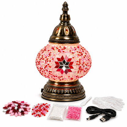 MEHOOM DIY Rechargeable Turkish Moroccan Mosaic Table Lamp Kit, 3 Color Temperatures, Stepless Dimming, Integrated LED Bedside Table Lamp, Pink