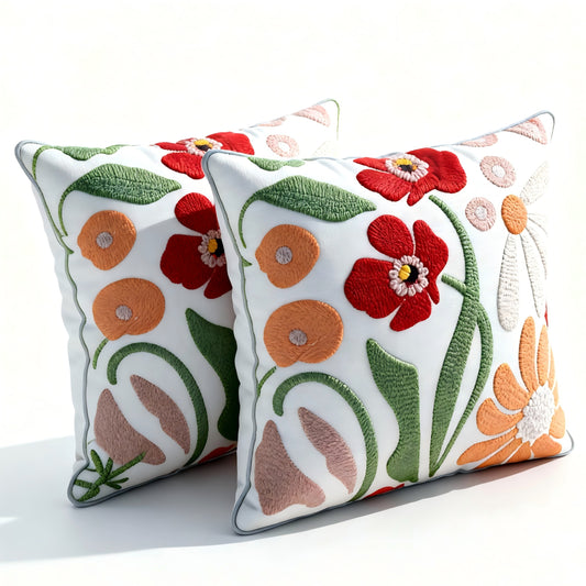 MEHOOM Hand Embroidered Throw Pillow Covers 18x18 Set of 2, Orange Boho Decorative Pillows Covers, Floral Decor Throw Pillow Covers