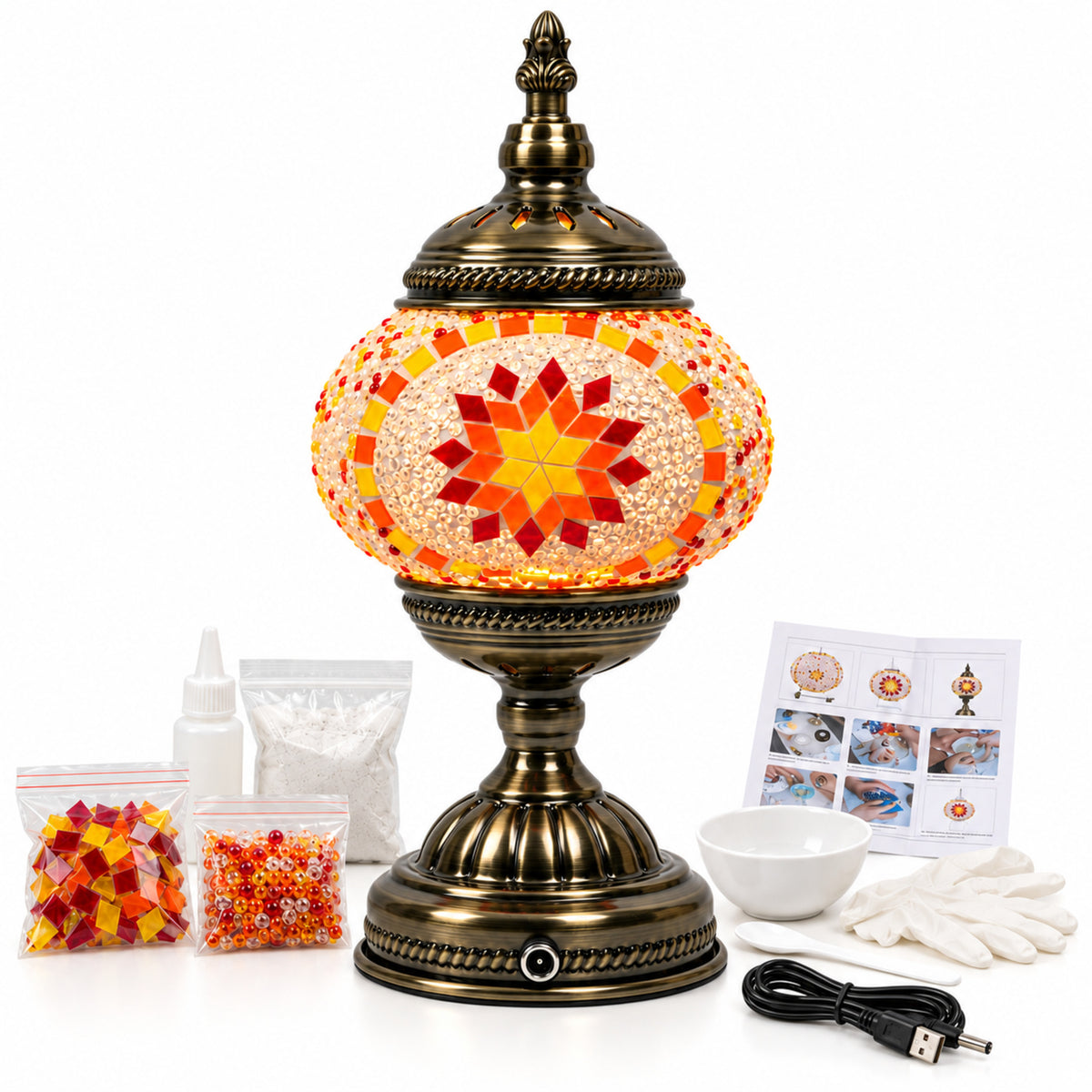 MEHOOM DIY Turkish Mosaic Lamp Kit, Rechargeable Bedside Table Lamp with 3 Color Temperatures and Stepless Dimming, Moroccan Boho Craft Kit for Adults, Classic Orange