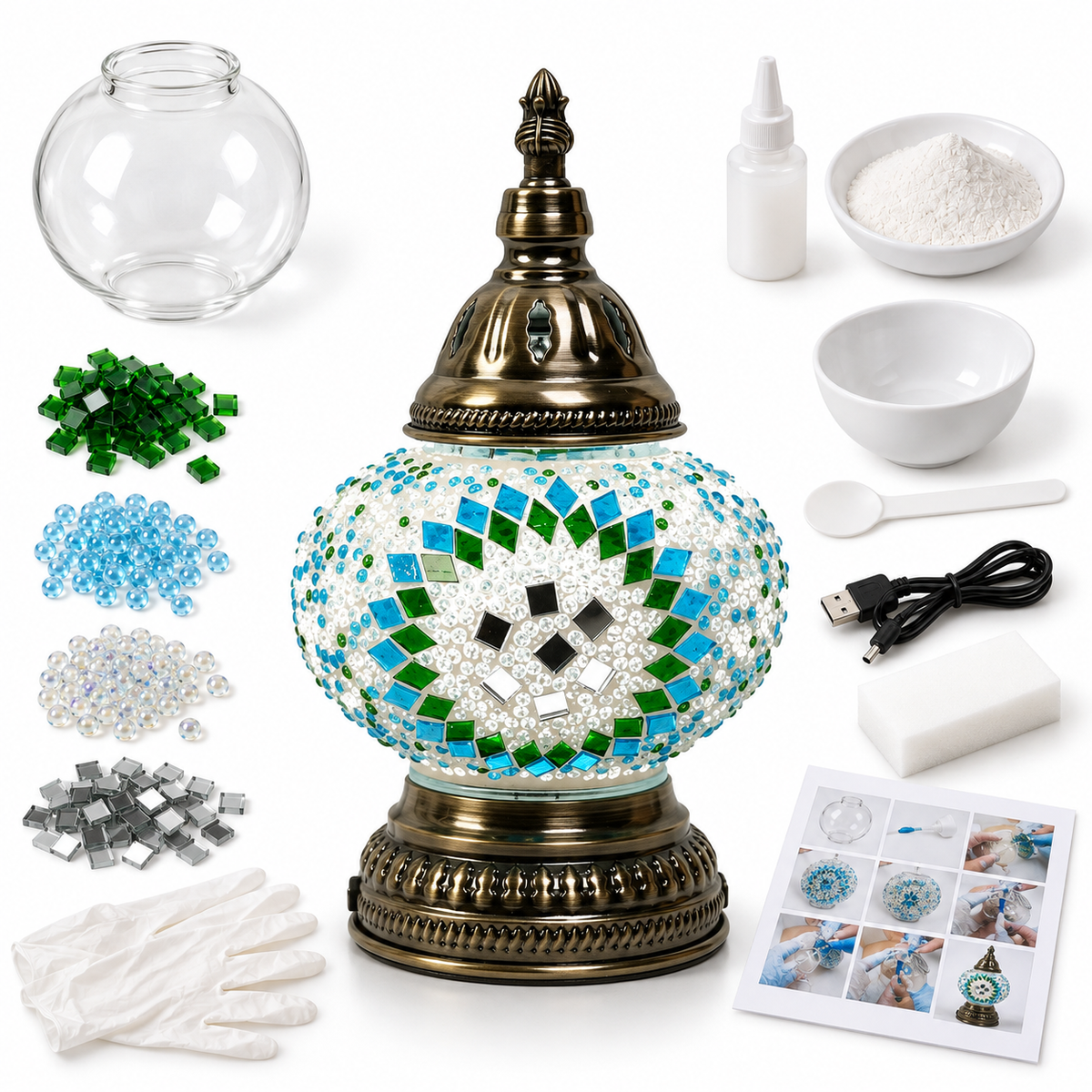 MEHOOM DIY Rechargeable Turkish Moroccan Mosaic Table Lamp Kit, 3 Color Temperatures, Stepless Dimming, Integrated LED Bedside Table Lamp, Green