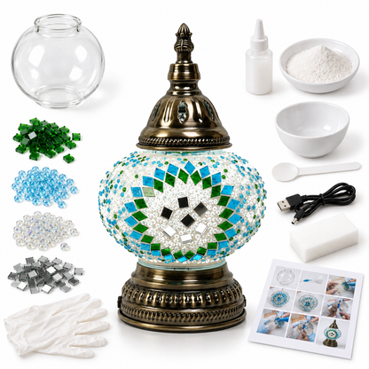 MEHOOM DIY Rechargeable Turkish Moroccan Mosaic Table Lamp Kit, 3 Color Temperatures, Stepless Dimming, Integrated LED Bedside Table Lamp, Green