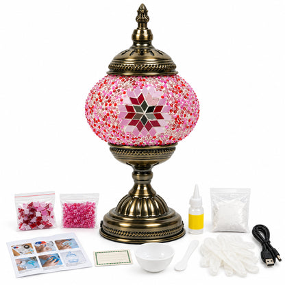 MEHOOM DIY Turkish Mosaic Lamp Kit, Rechargeable Bedside Table Lamp with 3 Color Temperatures and Stepless Dimming, Moroccan Boho Craft Kit for Adults, Classic Pink
