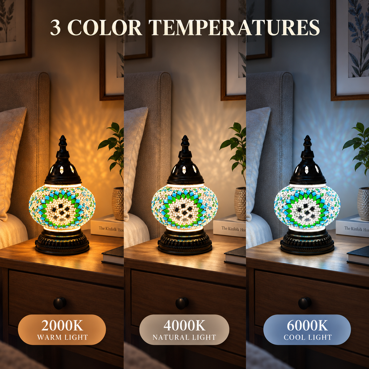 MEHOOM DIY Rechargeable Turkish Moroccan Mosaic Table Lamp Kit, 3 Color Temperatures, Stepless Dimming, Integrated LED Bedside Table Lamp, Green