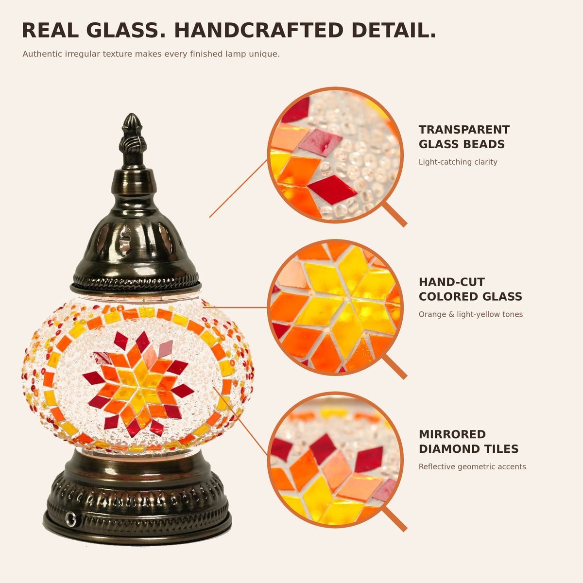 MEHOOM DIY Rechargeable Turkish Moroccan Mosaic Table Lamp Kit, 3 Color Temperatures, Stepless Dimming, Integrated LED Bedside Table Lamp, Orange
