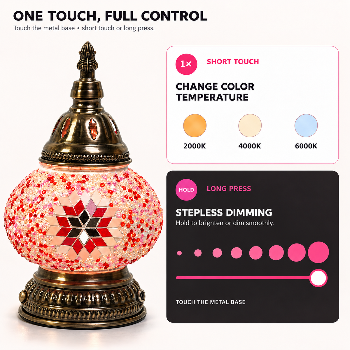 MEHOOM DIY Rechargeable Turkish Moroccan Mosaic Table Lamp Kit, 3 Color Temperatures, Stepless Dimming, Integrated LED Bedside Table Lamp, Pink