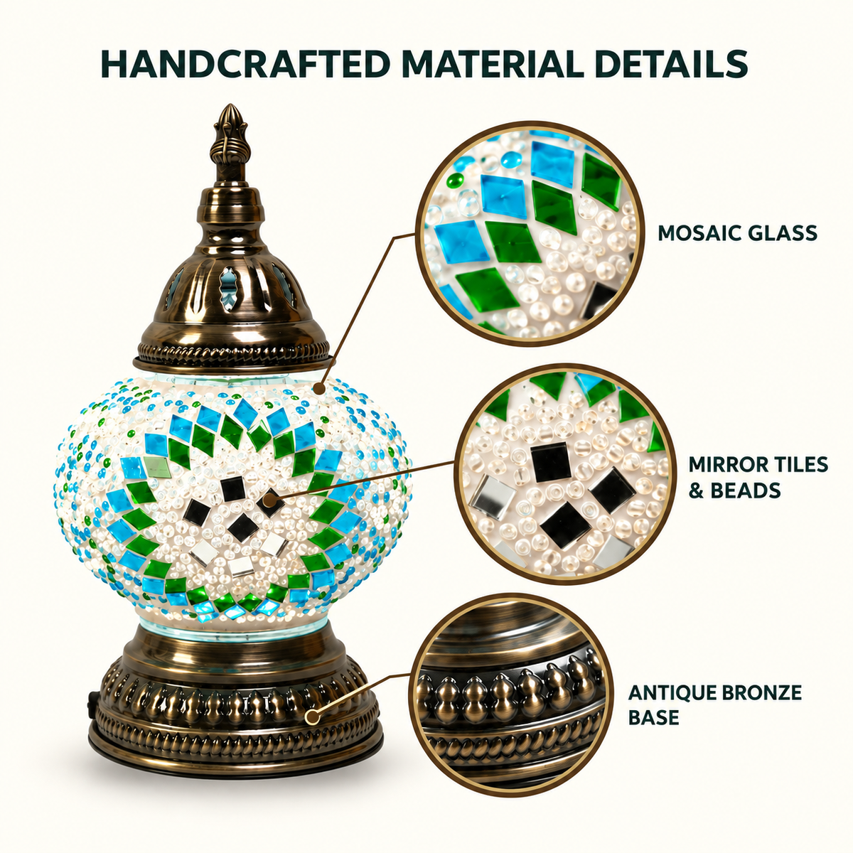 MEHOOM DIY Rechargeable Turkish Moroccan Mosaic Table Lamp Kit, 3 Color Temperatures, Stepless Dimming, Integrated LED Bedside Table Lamp, Green