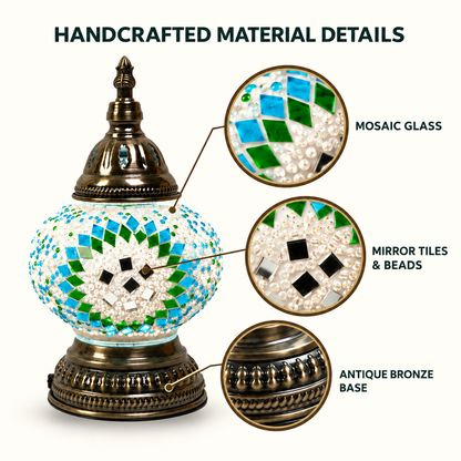 MEHOOM DIY Rechargeable Turkish Moroccan Mosaic Table Lamp Kit, 3 Color Temperatures, Stepless Dimming, Integrated LED Bedside Table Lamp, Green