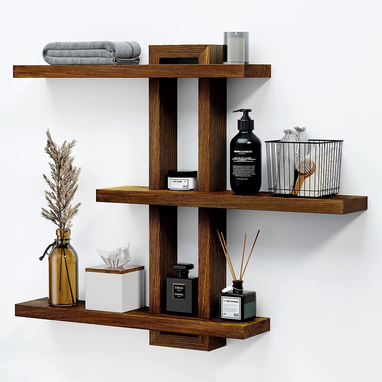 MEHOOM 3-Tier Wooden Floating Wall Shelf, Rustic Wall-Mounted Storage Shelves for Bedroom, Living Room, Farmhouse Wall Decor, 20in