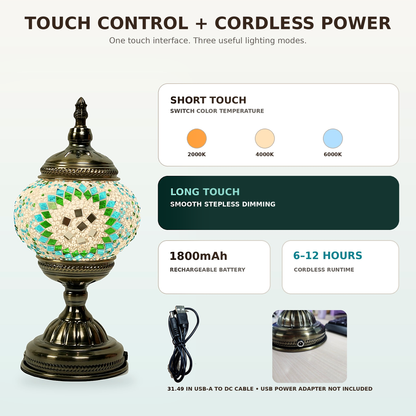 MEHOOM DIY Turkish Mosaic Lamp Kit, Rechargeable Bedside Table Lamp with 3 Color Temperatures and Stepless Dimming, Moroccan Boho Craft Kit for Adults, Classic Green