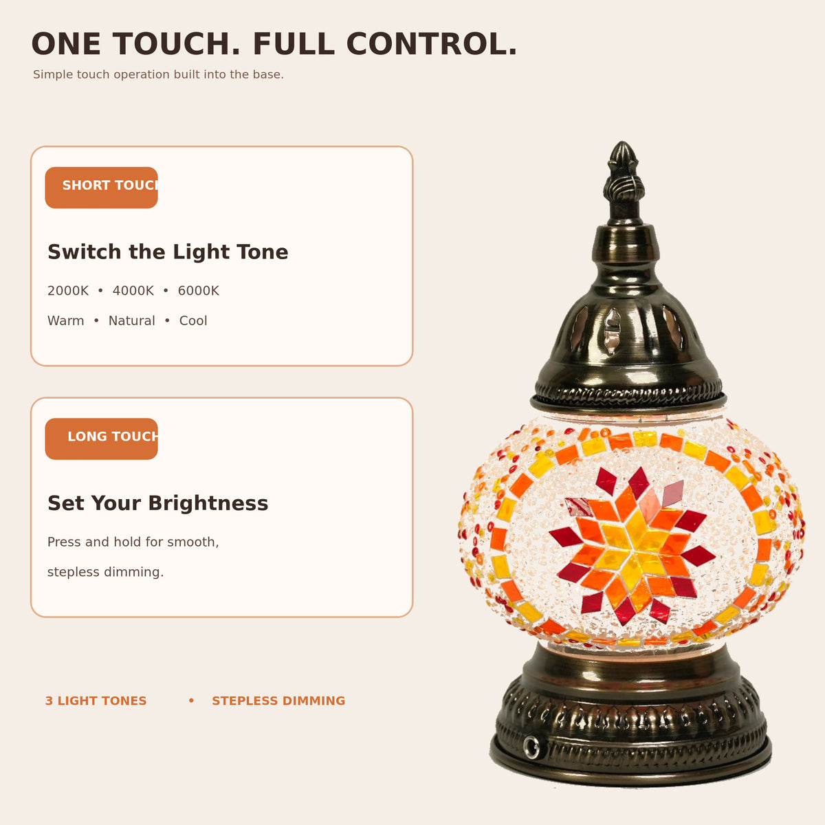 MEHOOM DIY Rechargeable Turkish Moroccan Mosaic Table Lamp Kit, 3 Color Temperatures, Stepless Dimming, Integrated LED Bedside Table Lamp, Orange