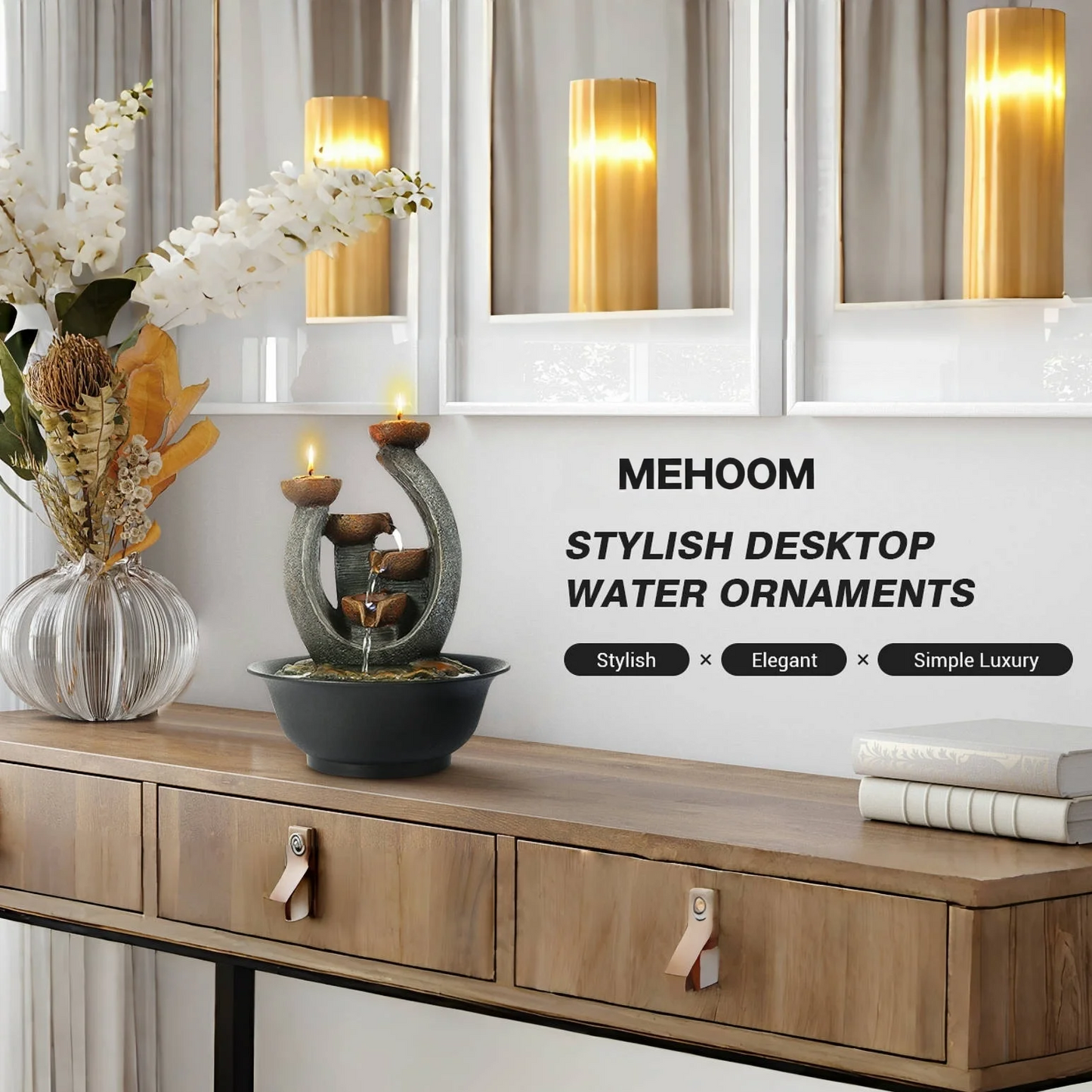 XGVGI 3 Tier Tabletop Waterfall Fountain with Candle Holder,Water Fountain Indoor Home