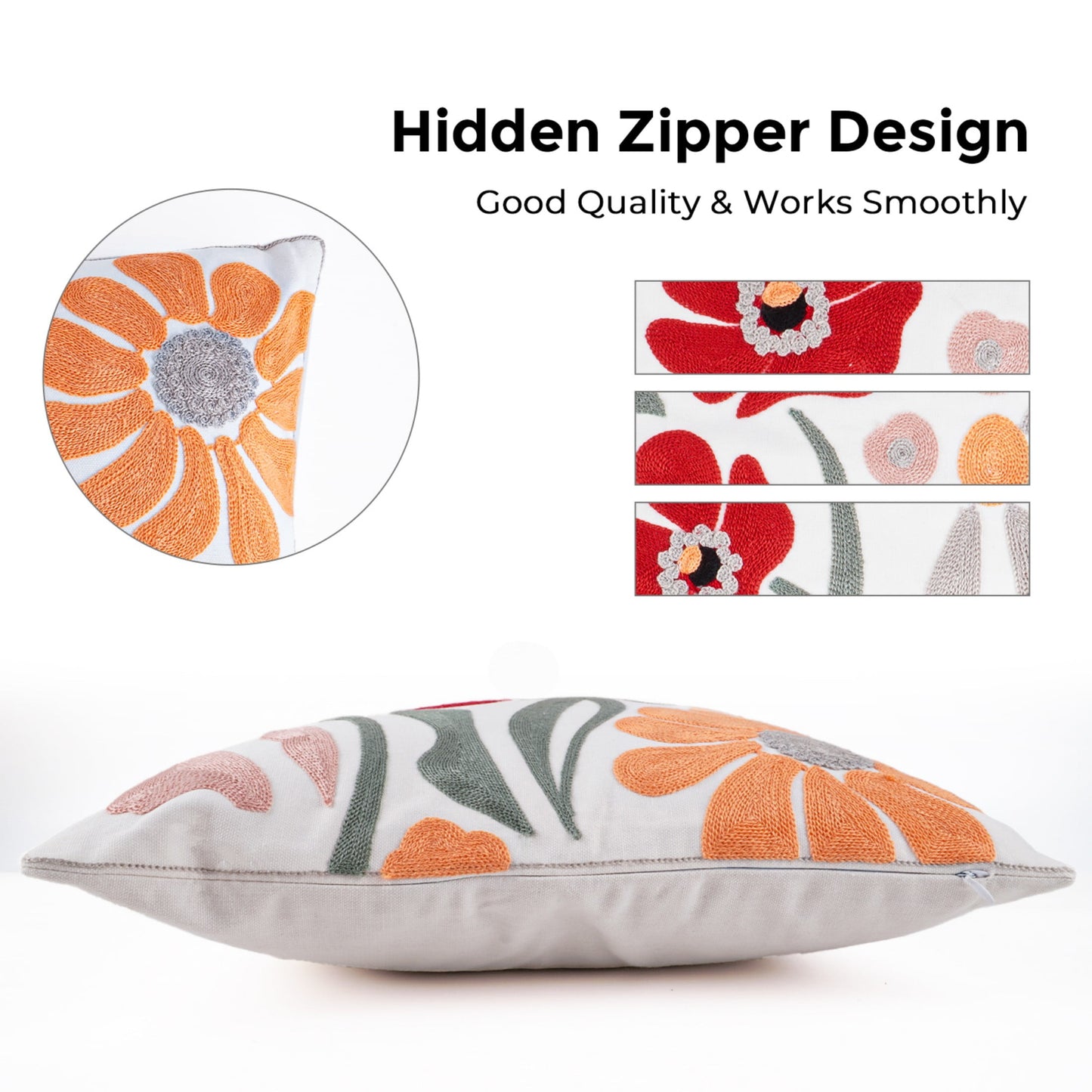 MEHOOM Hand Embroidered Throw Pillow Covers 18x18 Set of 2, Orange Boho Decorative Pillows Covers, Floral Decor Throw Pillow Covers