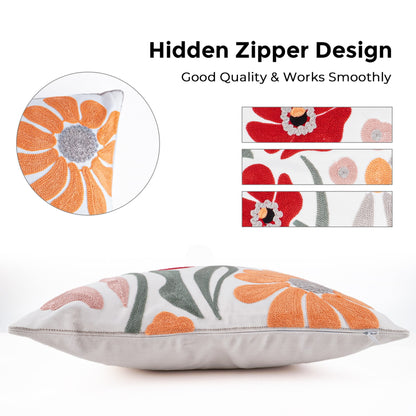 MEHOOM Hand Embroidered Throw Pillow Covers 18x18 Set of 2, Orange Boho Decorative Pillows Covers, Floral Decor Throw Pillow Covers