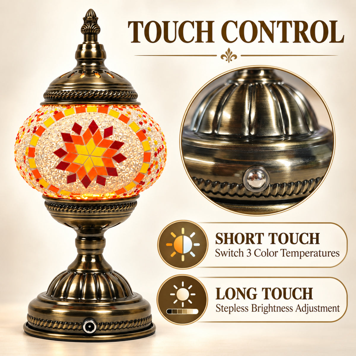 MEHOOM DIY Turkish Mosaic Lamp Kit, Rechargeable Bedside Table Lamp with 3 Color Temperatures and Stepless Dimming, Moroccan Boho Craft Kit for Adults, Classic Orange