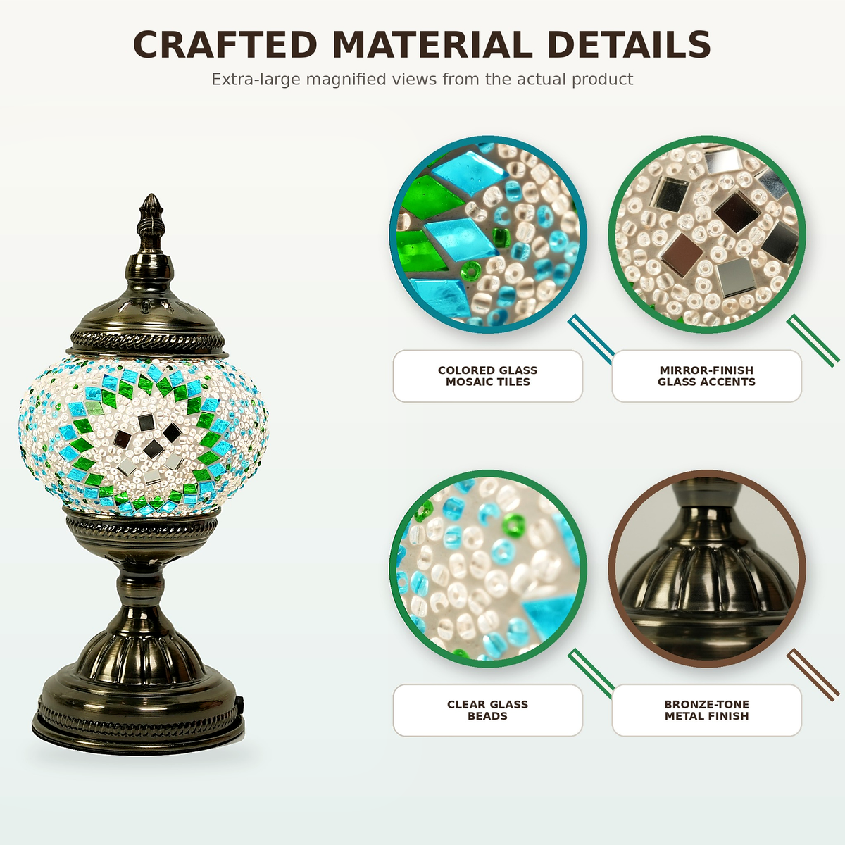 MEHOOM DIY Turkish Mosaic Lamp Kit, Rechargeable Bedside Table Lamp with 3 Color Temperatures and Stepless Dimming, Moroccan Boho Craft Kit for Adults, Classic Green