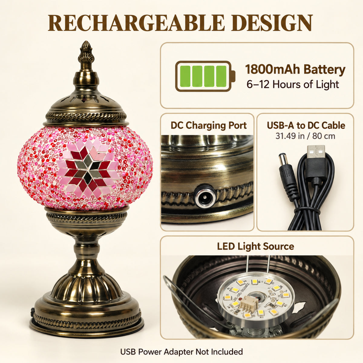 MEHOOM DIY Turkish Mosaic Lamp Kit, Rechargeable Bedside Table Lamp with 3 Color Temperatures and Stepless Dimming, Moroccan Boho Craft Kit for Adults, Classic Pink