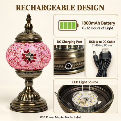 MEHOOM DIY Turkish Mosaic Lamp Kit, Rechargeable Bedside Table Lamp with 3 Color Temperatures and Stepless Dimming, Moroccan Boho Craft Kit for Adults, Classic Pink