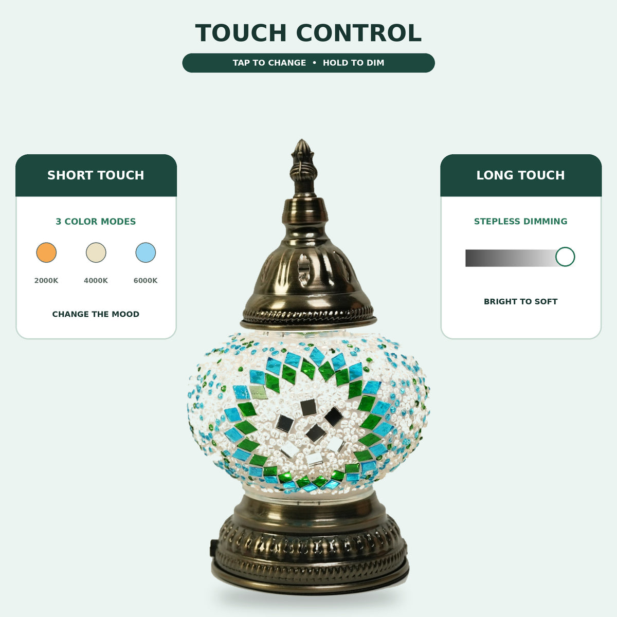 MEHOOM DIY Rechargeable Turkish Moroccan Mosaic Table Lamp Kit, 3 Color Temperatures, Stepless Dimming, Integrated LED Bedside Table Lamp, Green