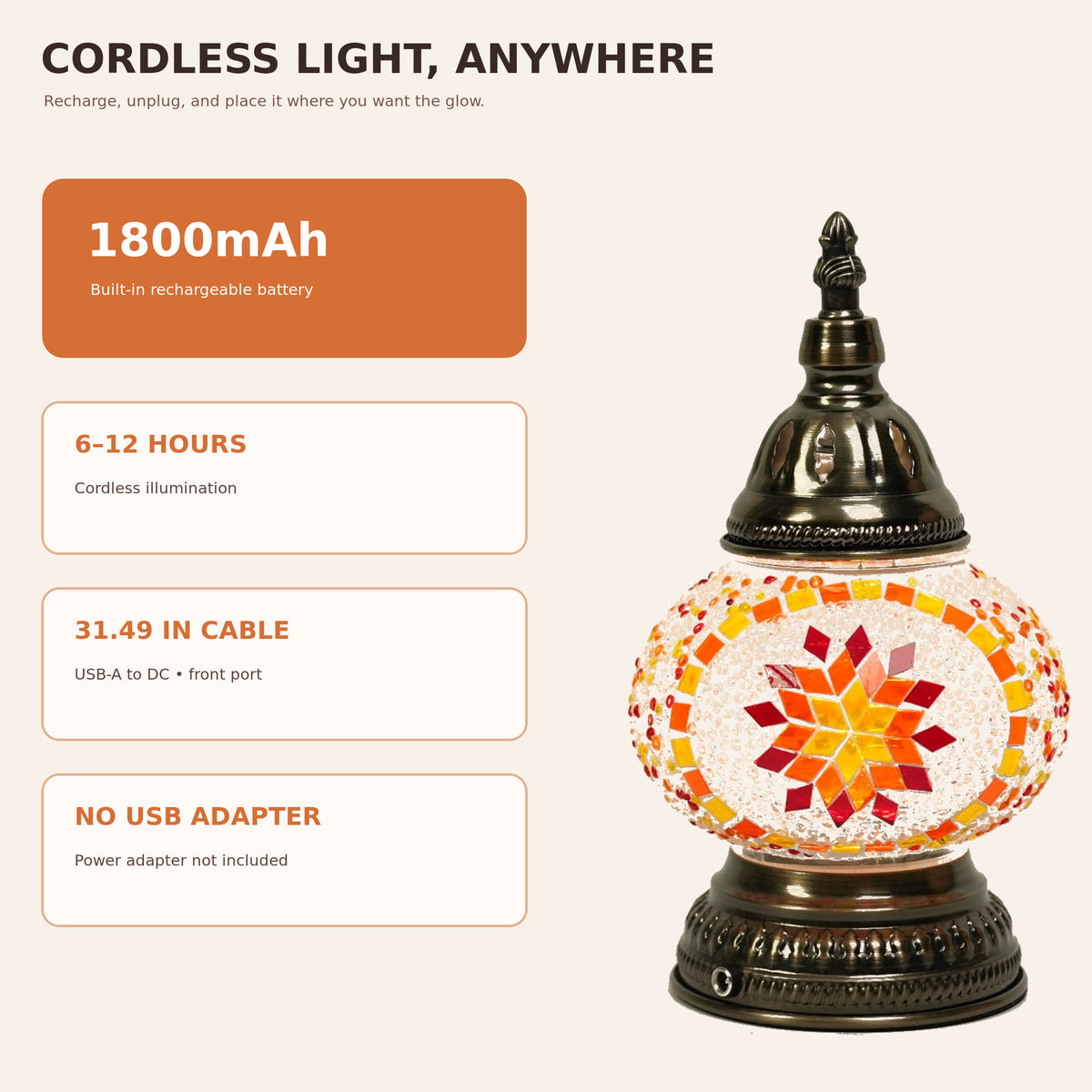 MEHOOM DIY Rechargeable Turkish Moroccan Mosaic Table Lamp Kit, 3 Color Temperatures, Stepless Dimming, Integrated LED Bedside Table Lamp, Orange