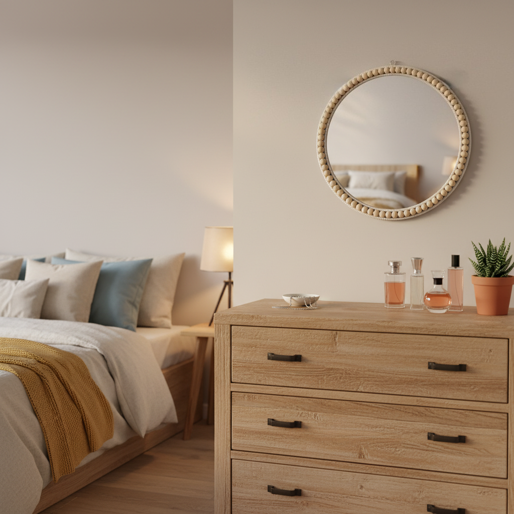 MEHOOM 17" Round Wall Mirror, Boho Hanging Round Mirror, Wall Decor for Bedroom, Bathroom, Living Room, Beige