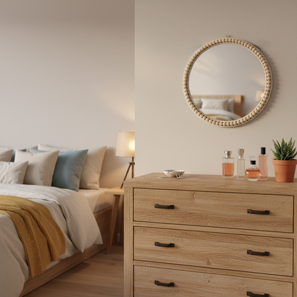 MEHOOM 17" Round Wall Mirror, Boho Hanging Round Mirror, Wall Decor for Bedroom, Bathroom, Living Room, Beige