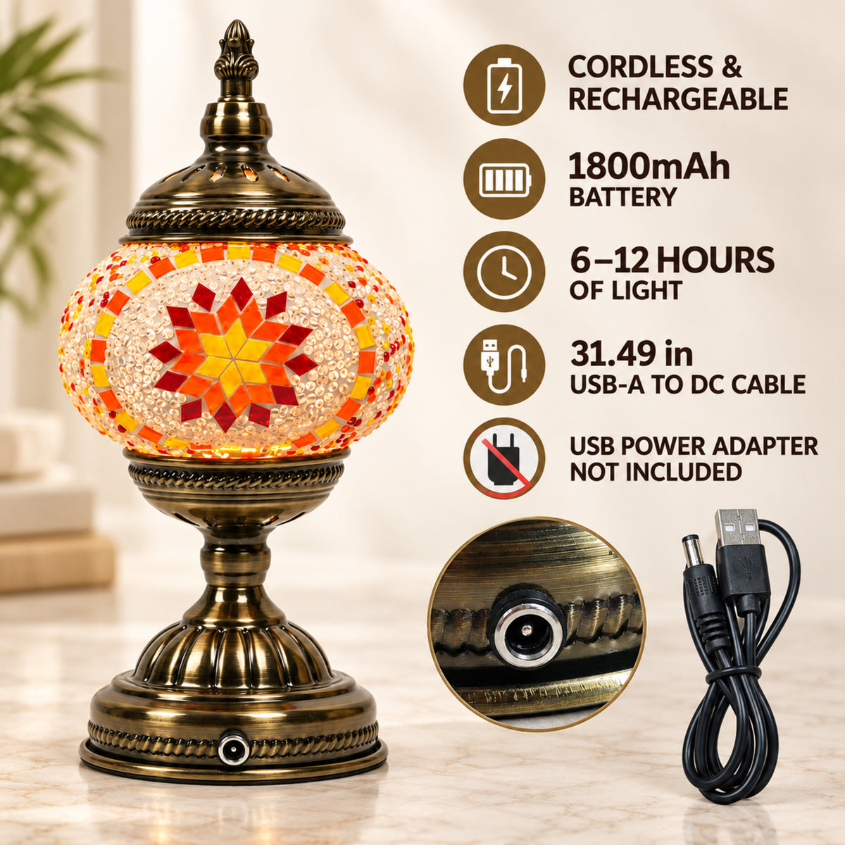 MEHOOM DIY Turkish Mosaic Lamp Kit, Rechargeable Bedside Table Lamp with 3 Color Temperatures and Stepless Dimming, Moroccan Boho Craft Kit for Adults, Classic Orange
