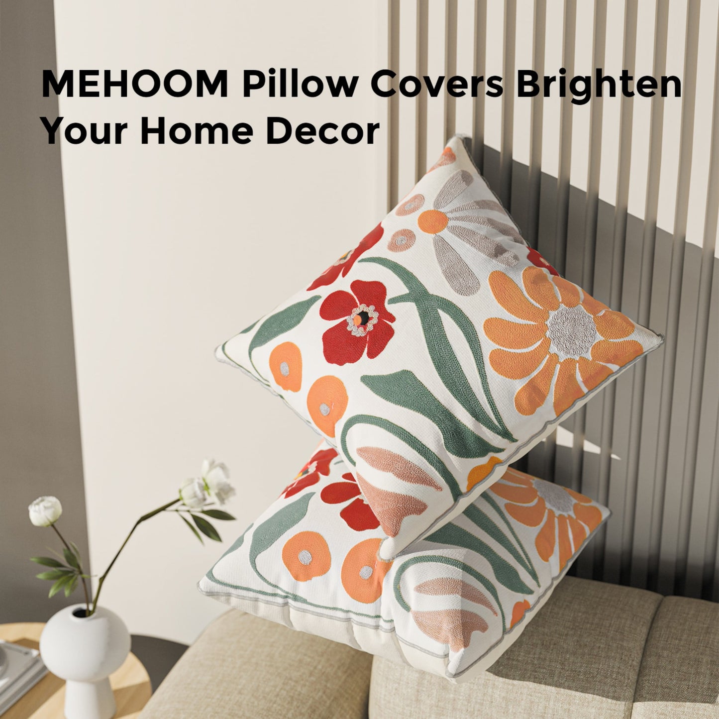 MEHOOM Hand Embroidered Throw Pillow Covers 18x18 Set of 2, Orange Boho Decorative Pillows Covers, Floral Decor Throw Pillow Covers