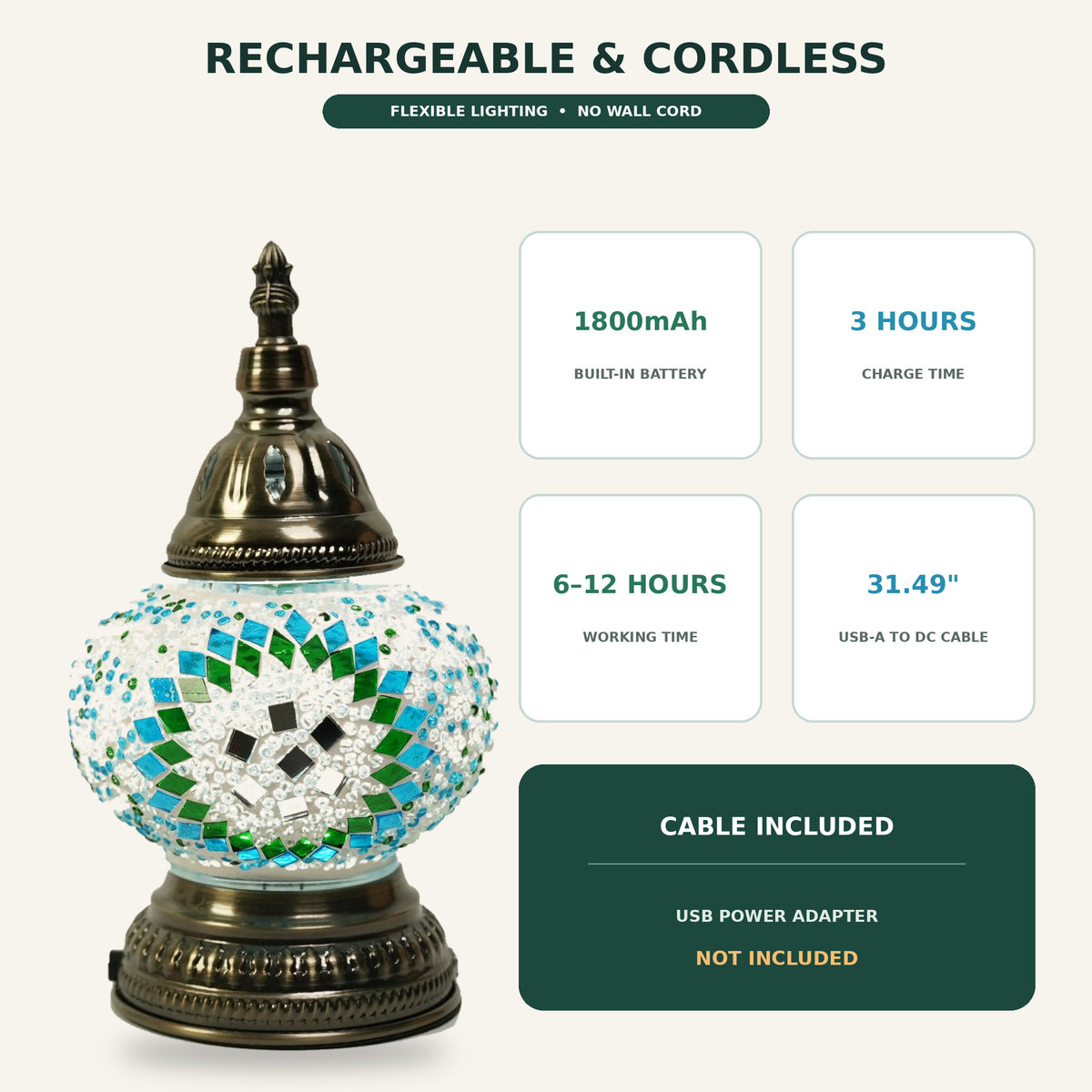 MEHOOM DIY Rechargeable Turkish Moroccan Mosaic Table Lamp Kit, 3 Color Temperatures, Stepless Dimming, Integrated LED Bedside Table Lamp, Green