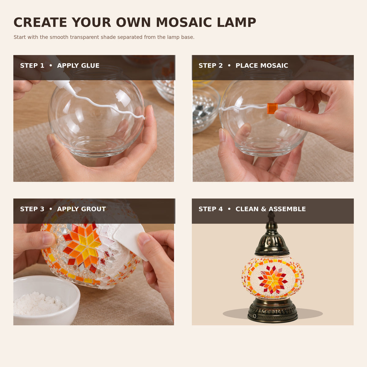MEHOOM DIY Rechargeable Turkish Moroccan Mosaic Table Lamp Kit, 3 Color Temperatures, Stepless Dimming, Integrated LED Bedside Table Lamp, Orange